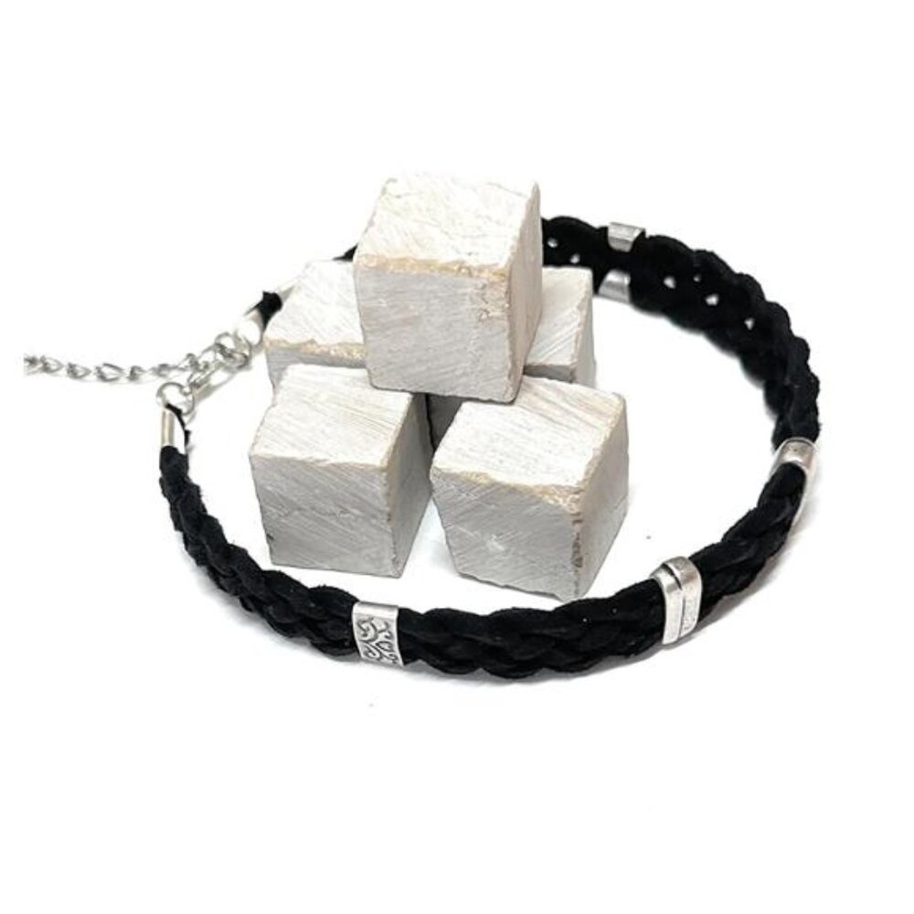 Men's Black Anklet With Silver Charm Tubes, Braided Soft Leather Men Ankle